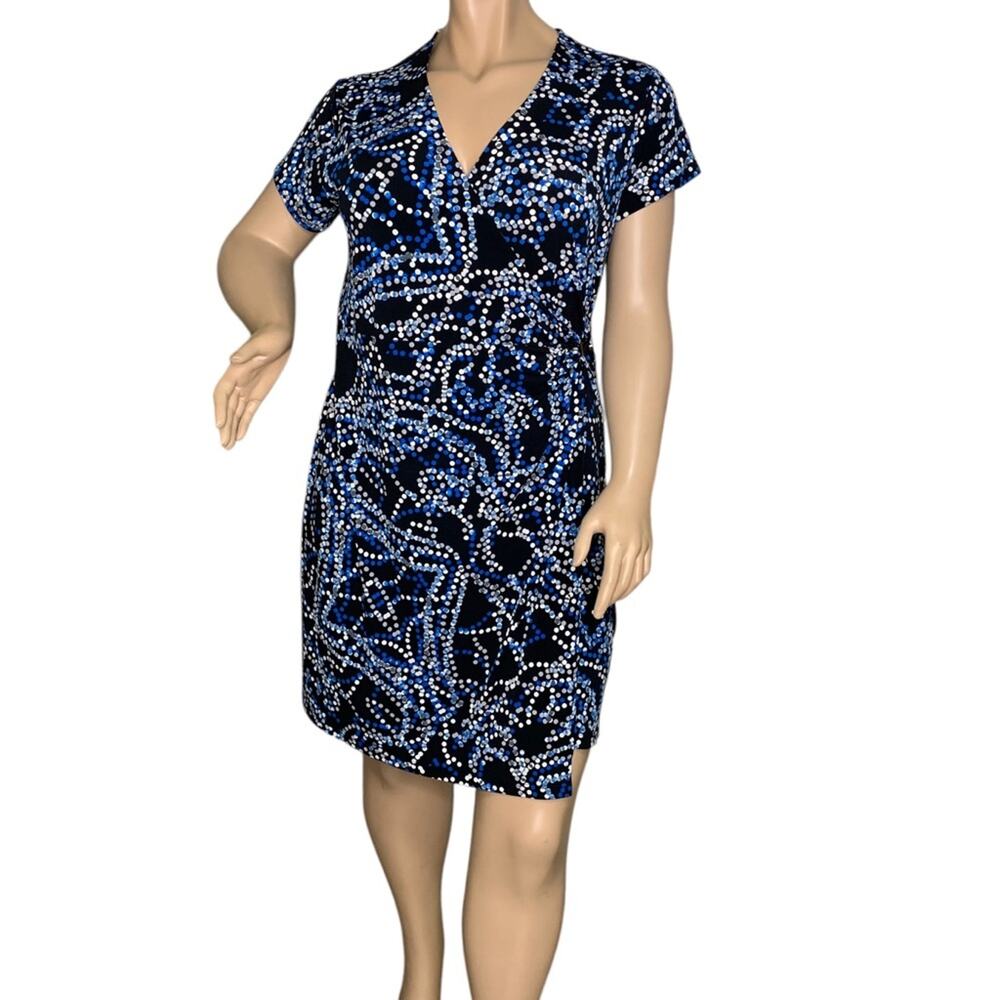George Dress Short Sleeve Faux Wrap Doted Print Black Blue White Size XL